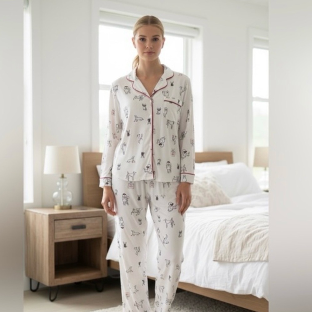 Kate Spade Long Sleeve PJ Set Dog Print Cream Sz M NWT